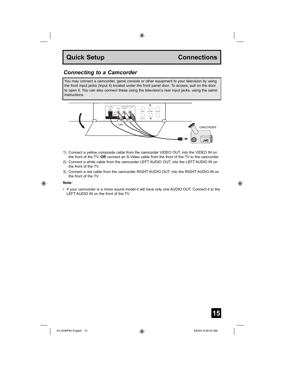 Quick setup connections, Connecting to a camcorder | JVC AV 34WP84 User Manual | Page 15 / 64