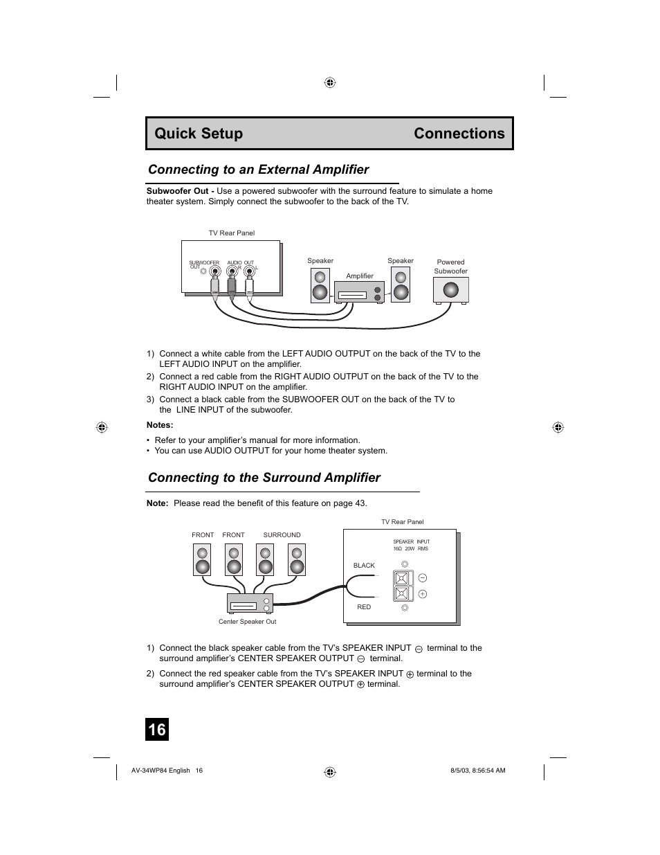 Quick setup connections, Connecting to the surround amplifier, Connecting to an external amplifier | JVC AV 34WP84 User Manual | Page 16 / 64