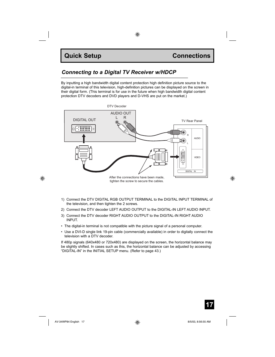 Quick setup connections, Connecting to a digital tv receiver w/hdcp | JVC AV 34WP84 User Manual | Page 17 / 64