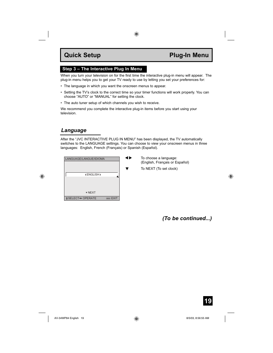 Quick setup plug-in menu, Language | JVC AV 34WP84 User Manual | Page 19 / 64