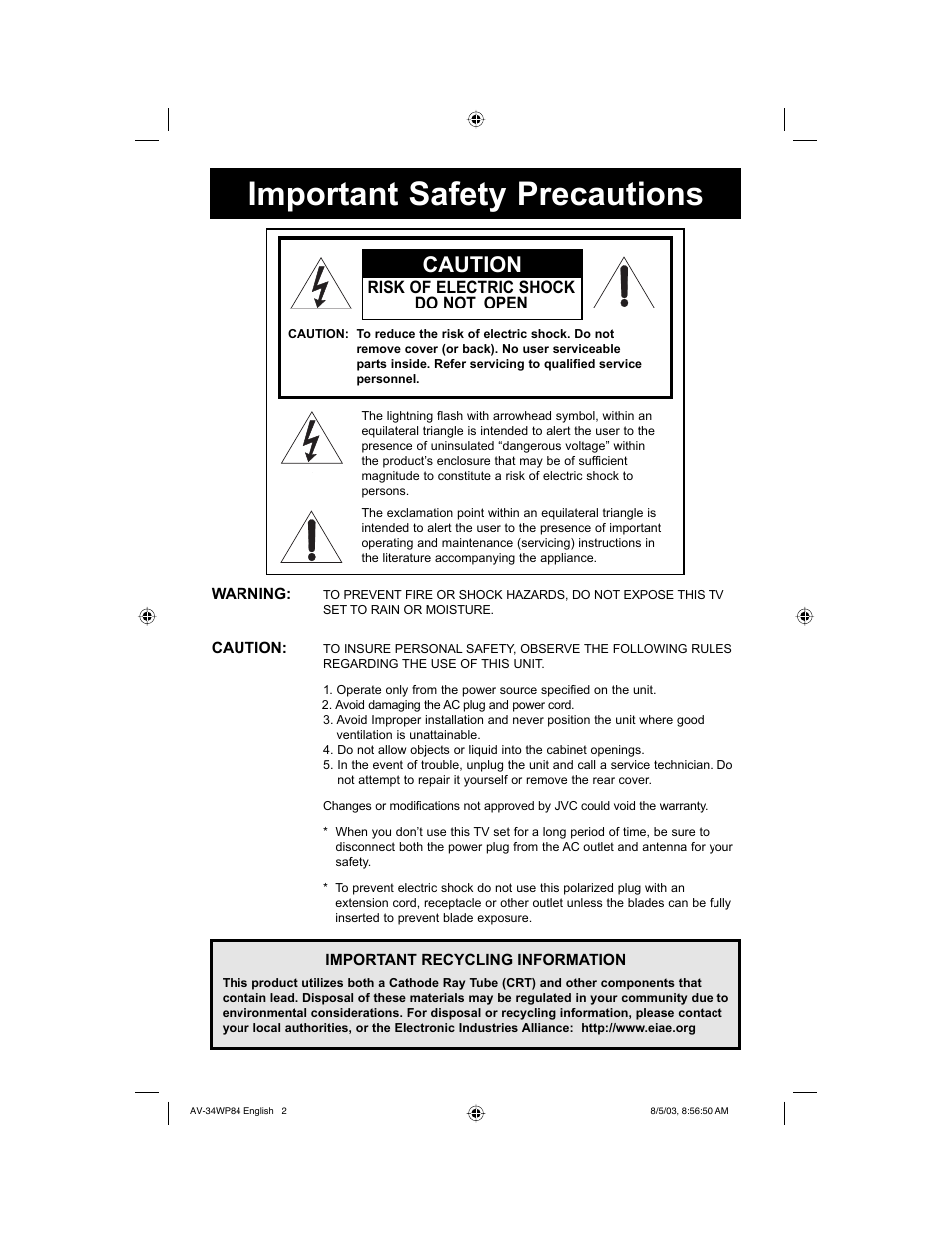 Important safety precautions, Caution, Risk of electric shock do not open | JVC AV 34WP84 User Manual | Page 2 / 64