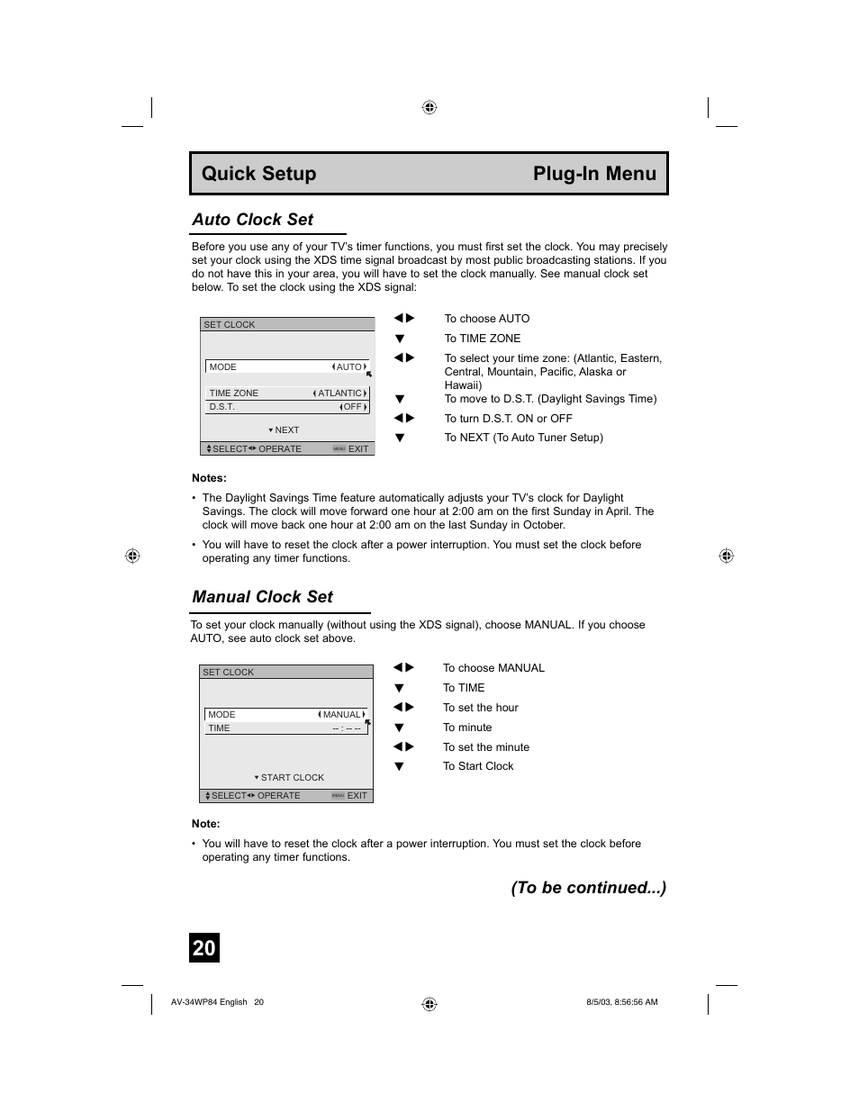 Quick setup plug-in menu, Manual clock set, Auto clock set | JVC AV 34WP84 User Manual | Page 20 / 64