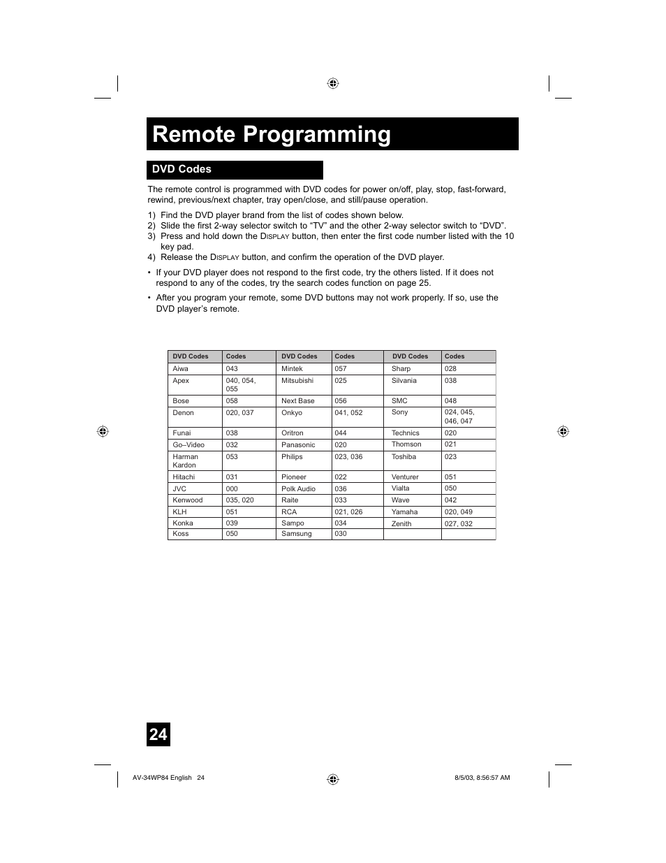 Remote programming, Dvd codes | JVC AV 34WP84 User Manual | Page 24 / 64