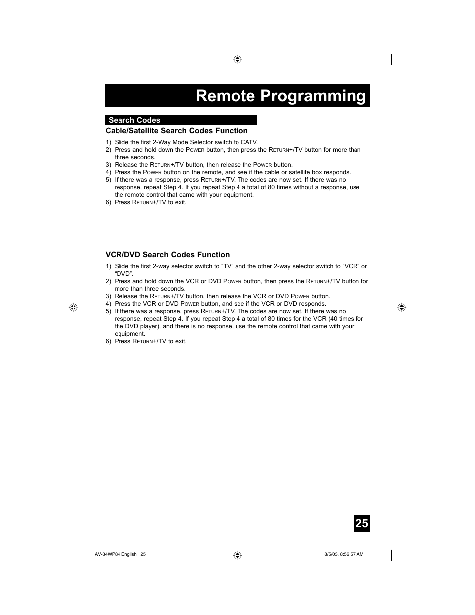 Remote programming | JVC AV 34WP84 User Manual | Page 25 / 64