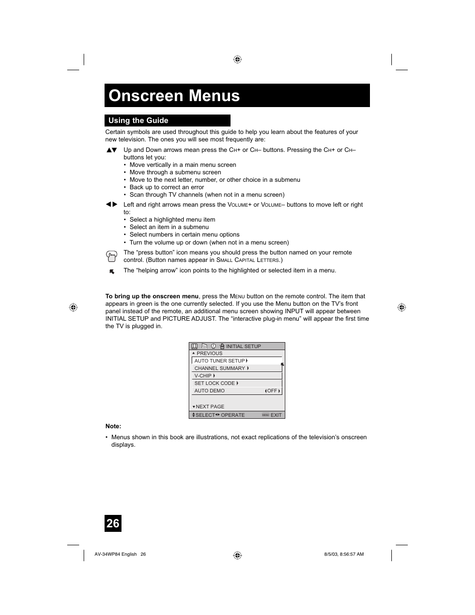 Onscreen menus, Using the guide | JVC AV 34WP84 User Manual | Page 26 / 64