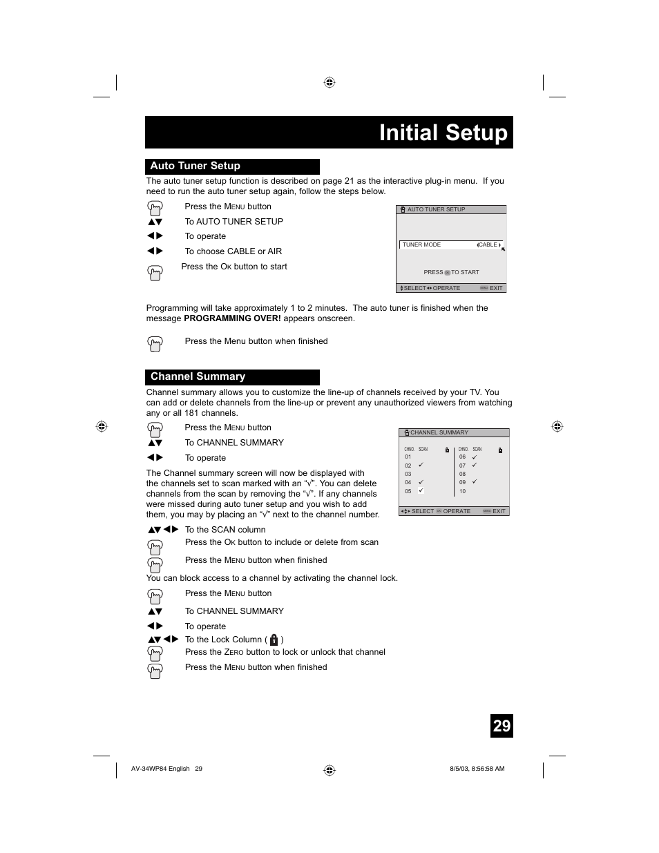 Initial setup, Auto tuner setup, Channel summary | JVC AV 34WP84 User Manual | Page 29 / 64