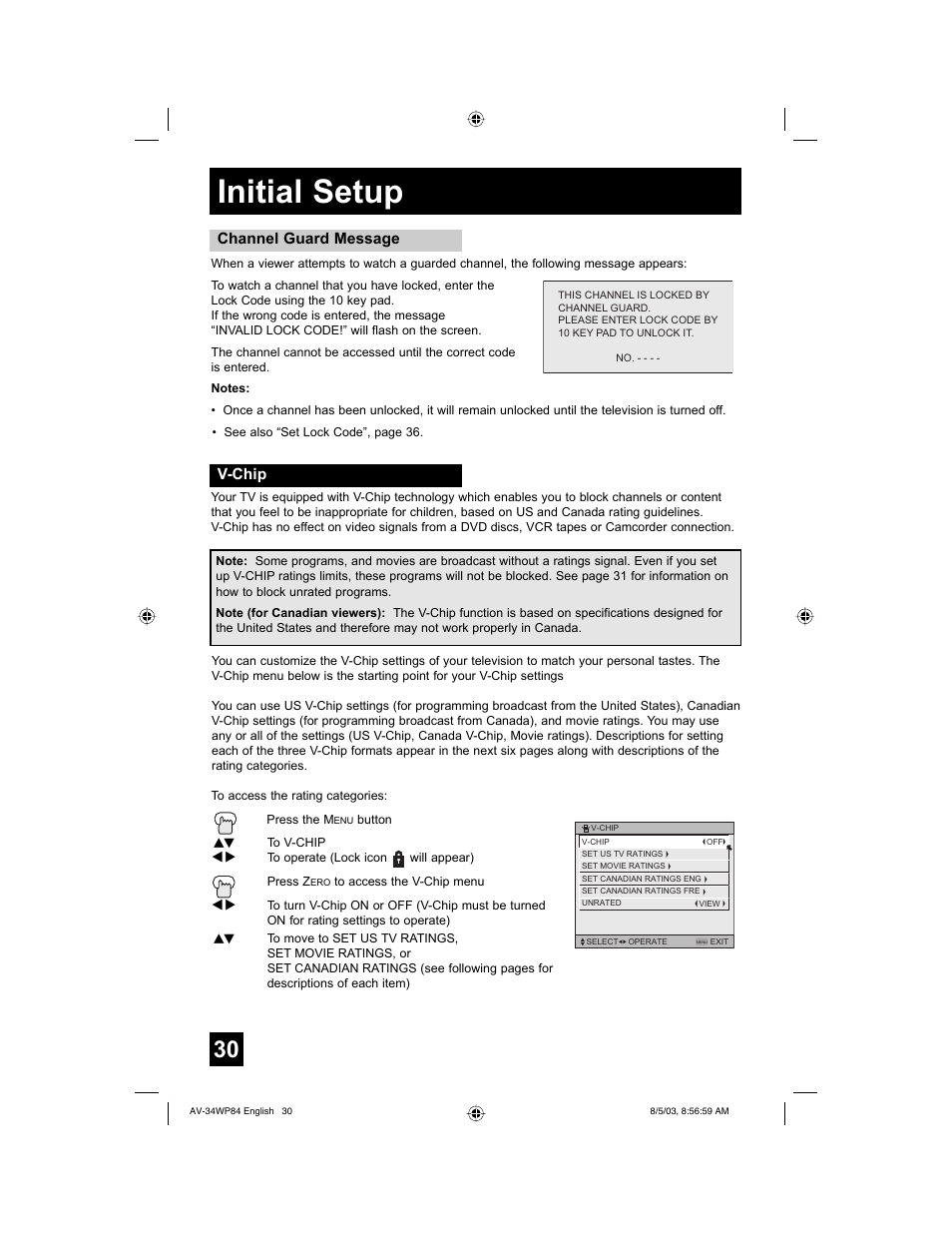 Initial setup, Channel guard message, V-chip | JVC AV 34WP84 User Manual | Page 30 / 64
