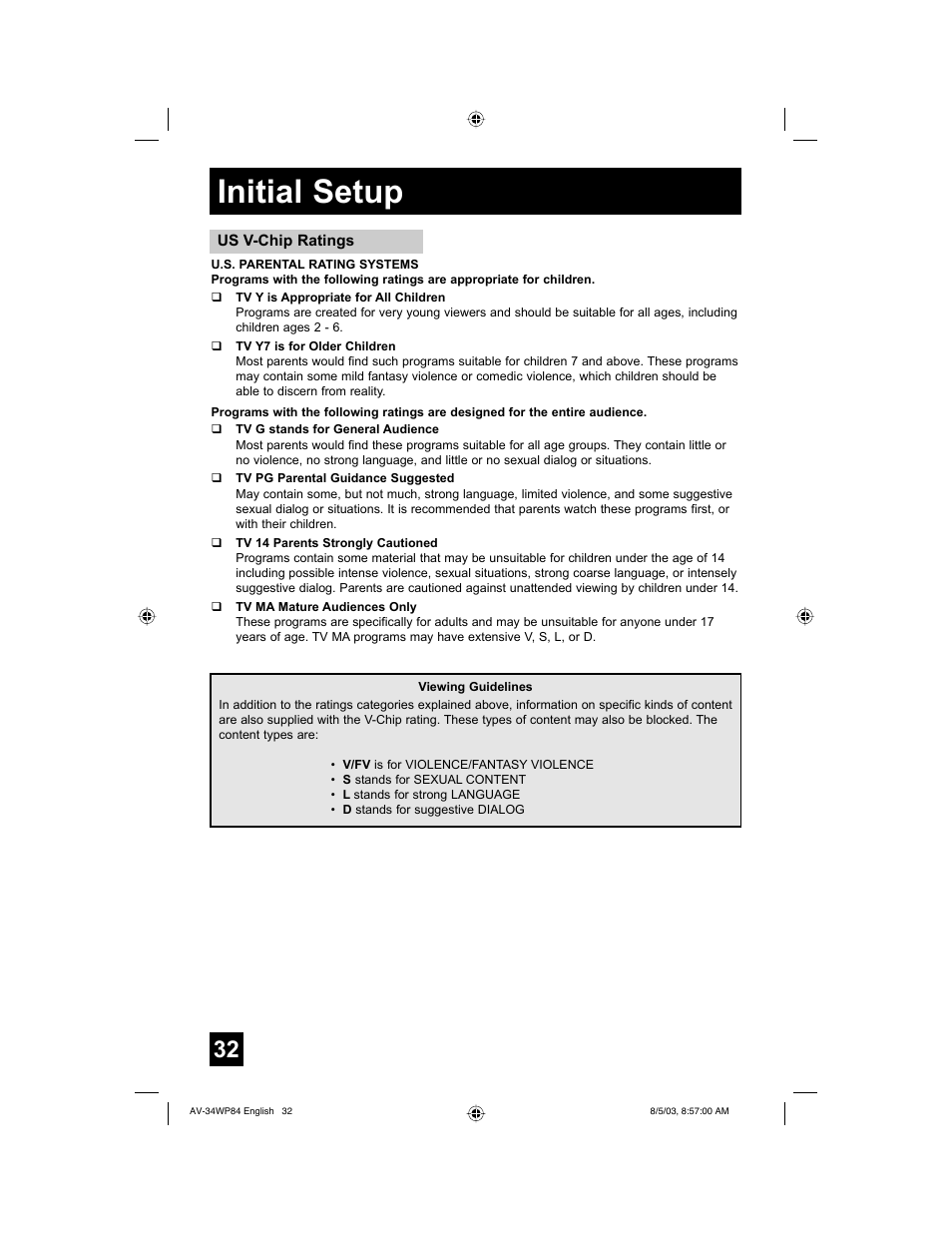 Initial setup | JVC AV 34WP84 User Manual | Page 32 / 64