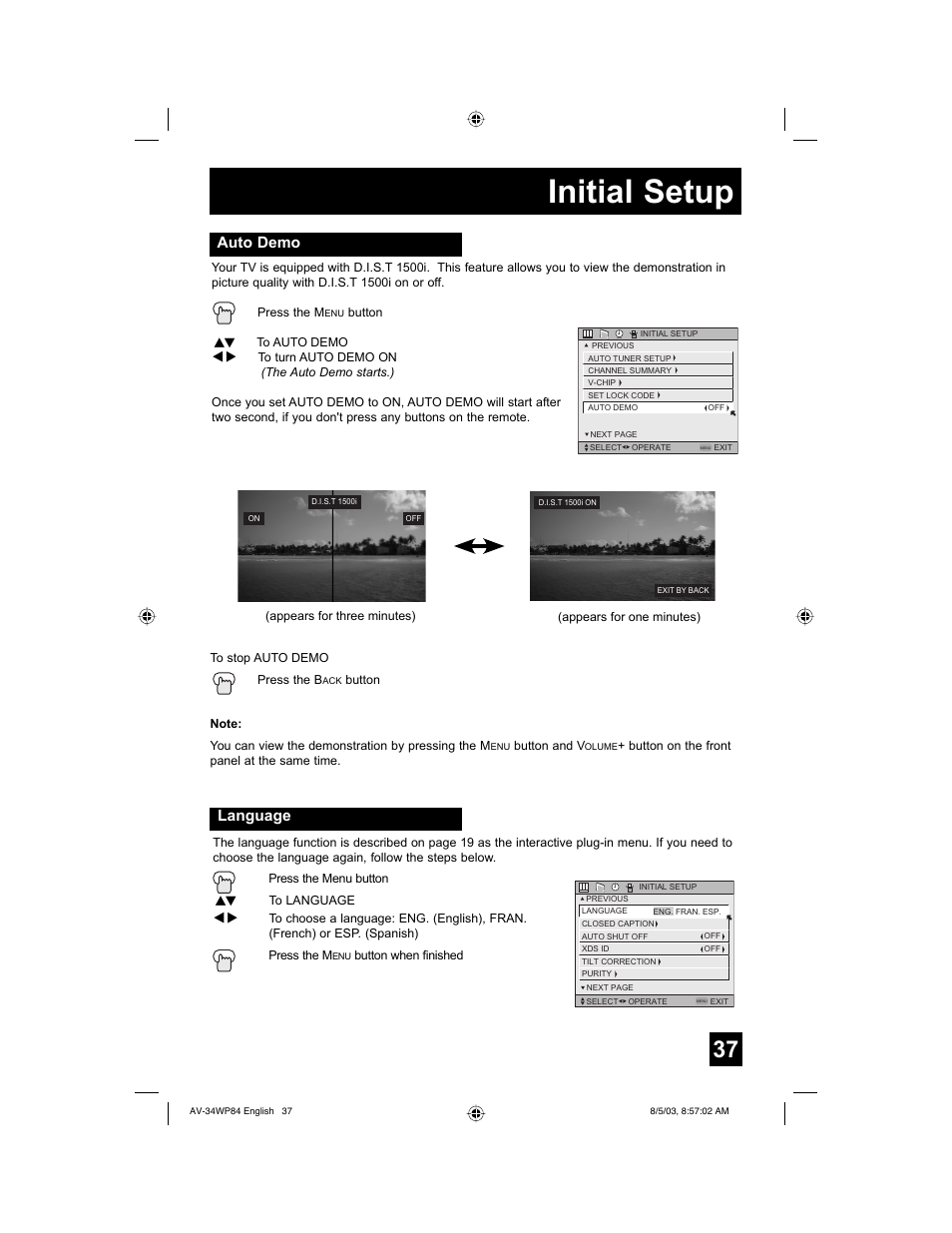 Initial setup, Auto demo, Language | JVC AV 34WP84 User Manual | Page 37 / 64