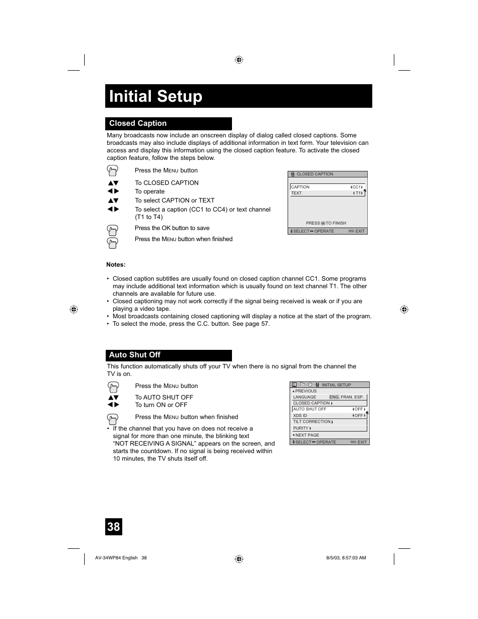 Initial setup, Closed caption, Auto shut off | JVC AV 34WP84 User Manual | Page 38 / 64