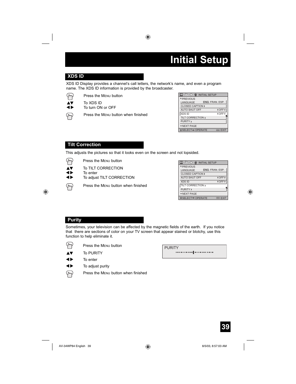 Initial setup, Xds id, Tilt correction | Purity | JVC AV 34WP84 User Manual | Page 39 / 64