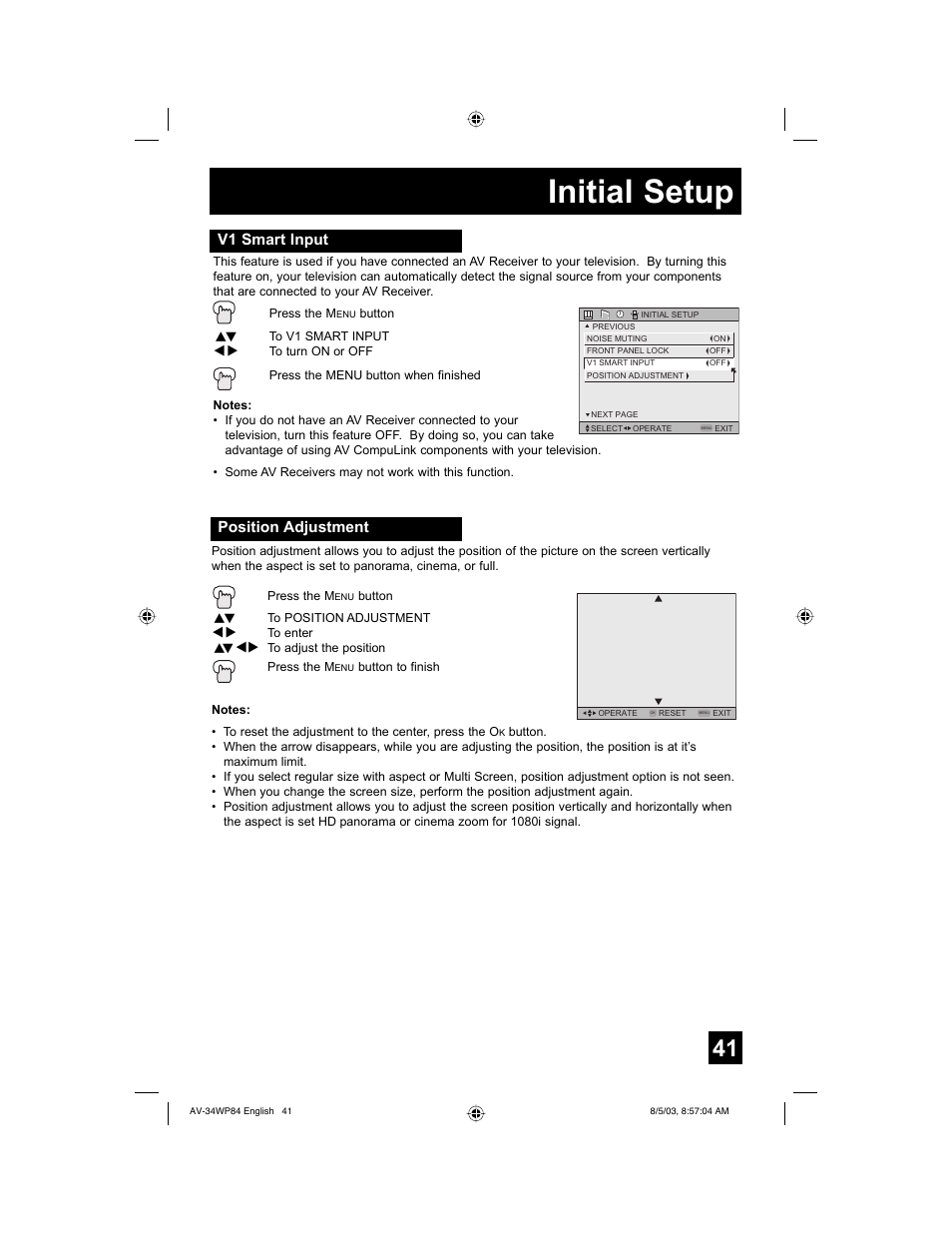 Initial setup, V1 smart input, Position adjustment | JVC AV 34WP84 User Manual | Page 41 / 64