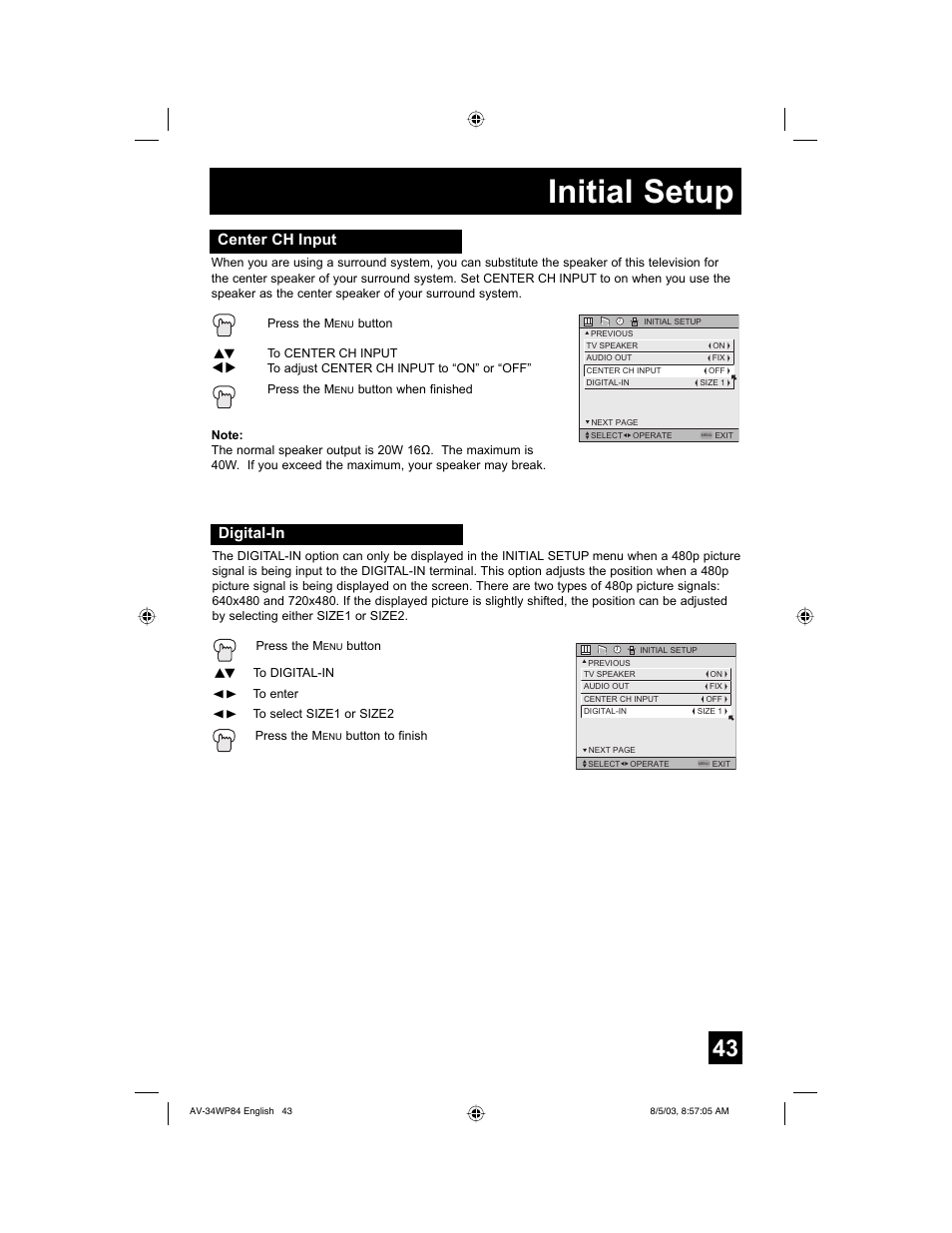 Initial setup, Center ch input, Digital-in | JVC AV 34WP84 User Manual | Page 43 / 64