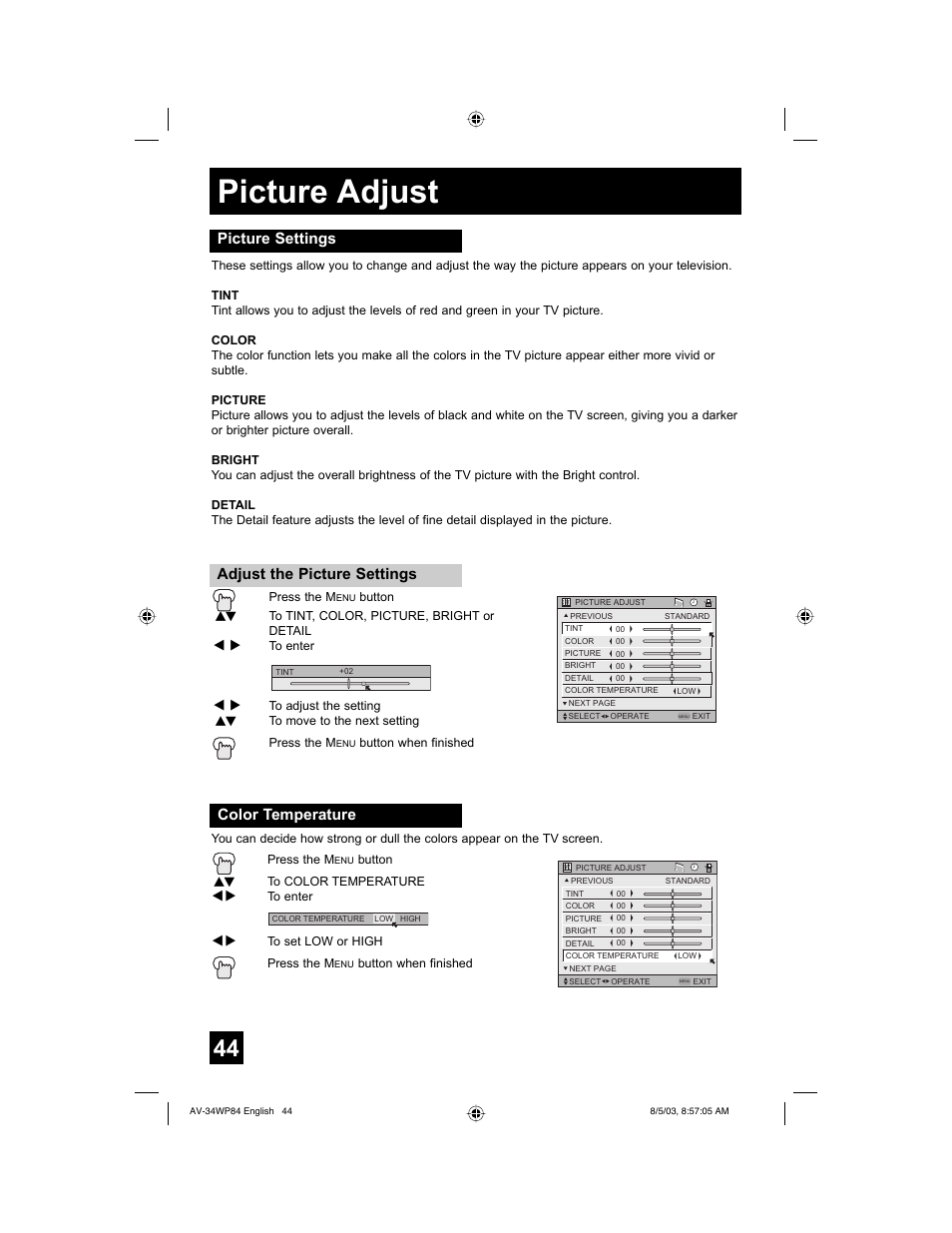 Picture adjust, Picture settings adjust the picture settings, Color temperature | JVC AV 34WP84 User Manual | Page 44 / 64
