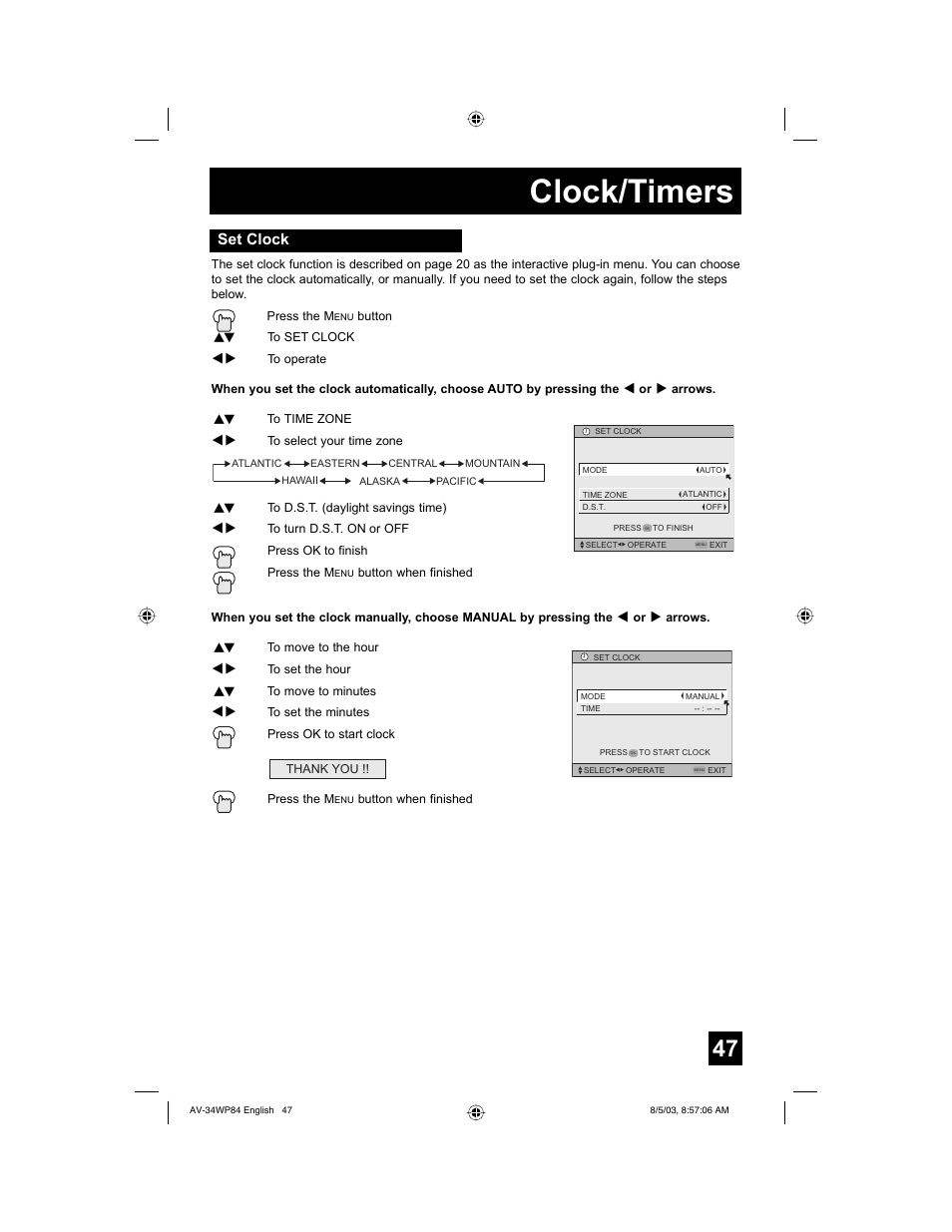 Clock/timers, Set clock | JVC AV 34WP84 User Manual | Page 47 / 64