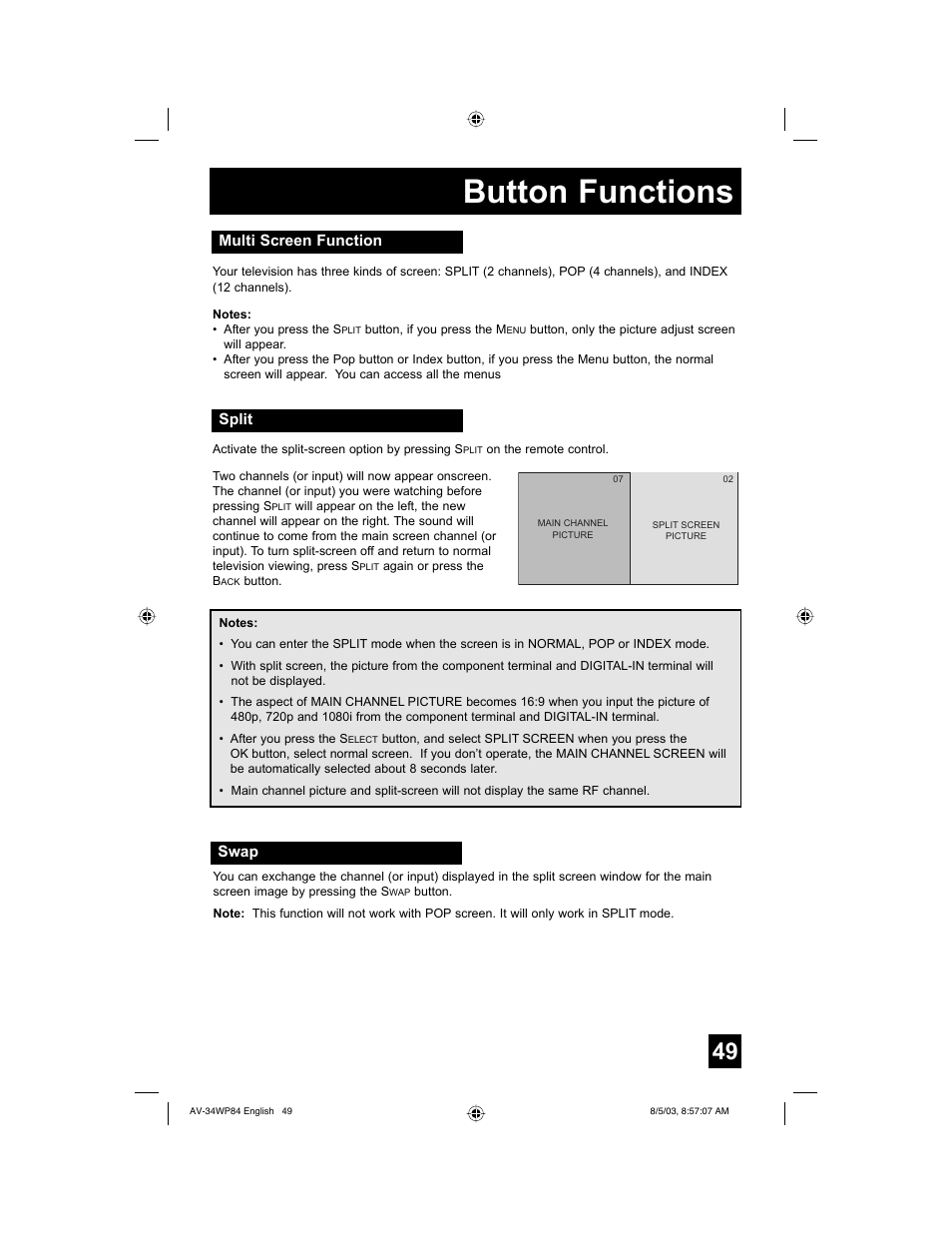 Button functions | JVC AV 34WP84 User Manual | Page 49 / 64