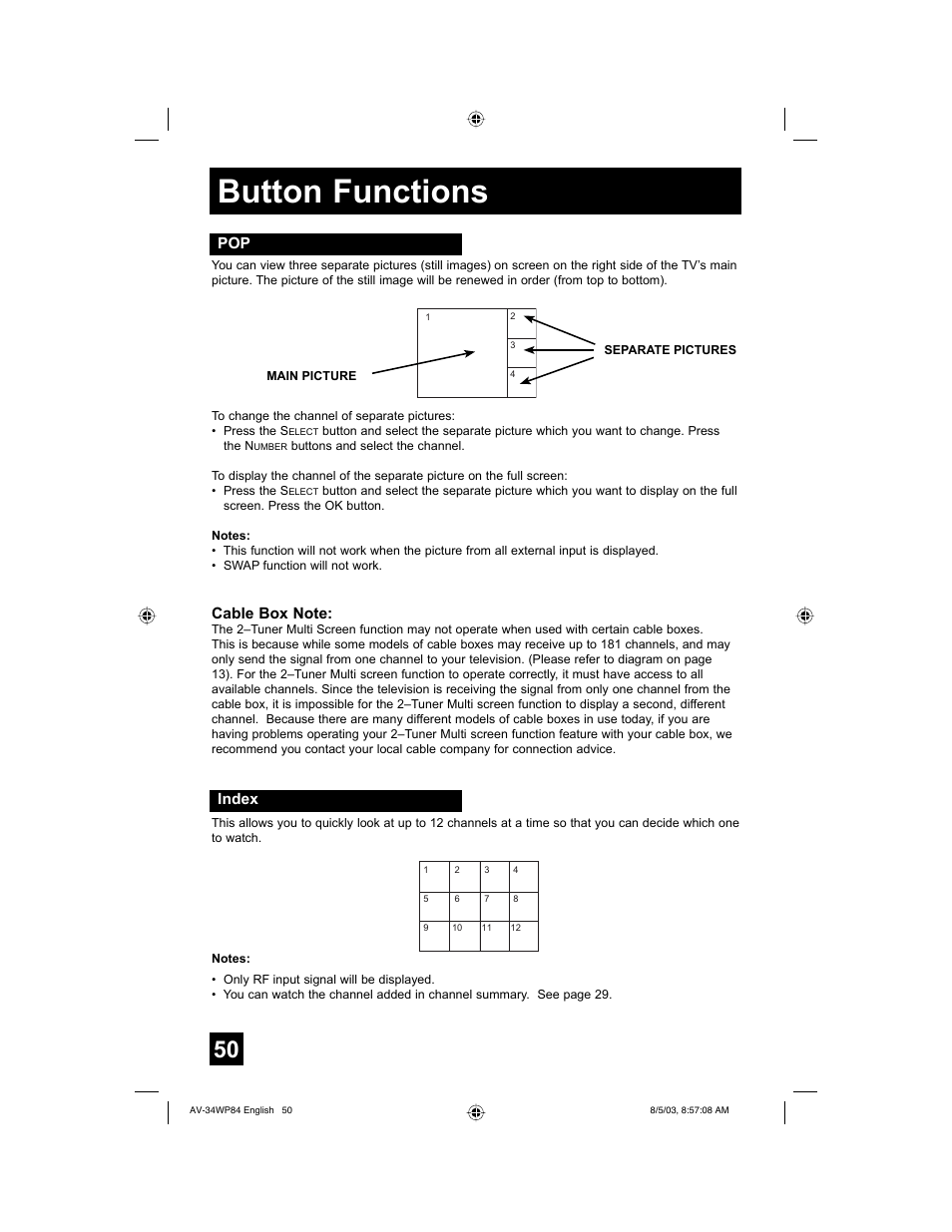 Button functions, Index pop | JVC AV 34WP84 User Manual | Page 50 / 64
