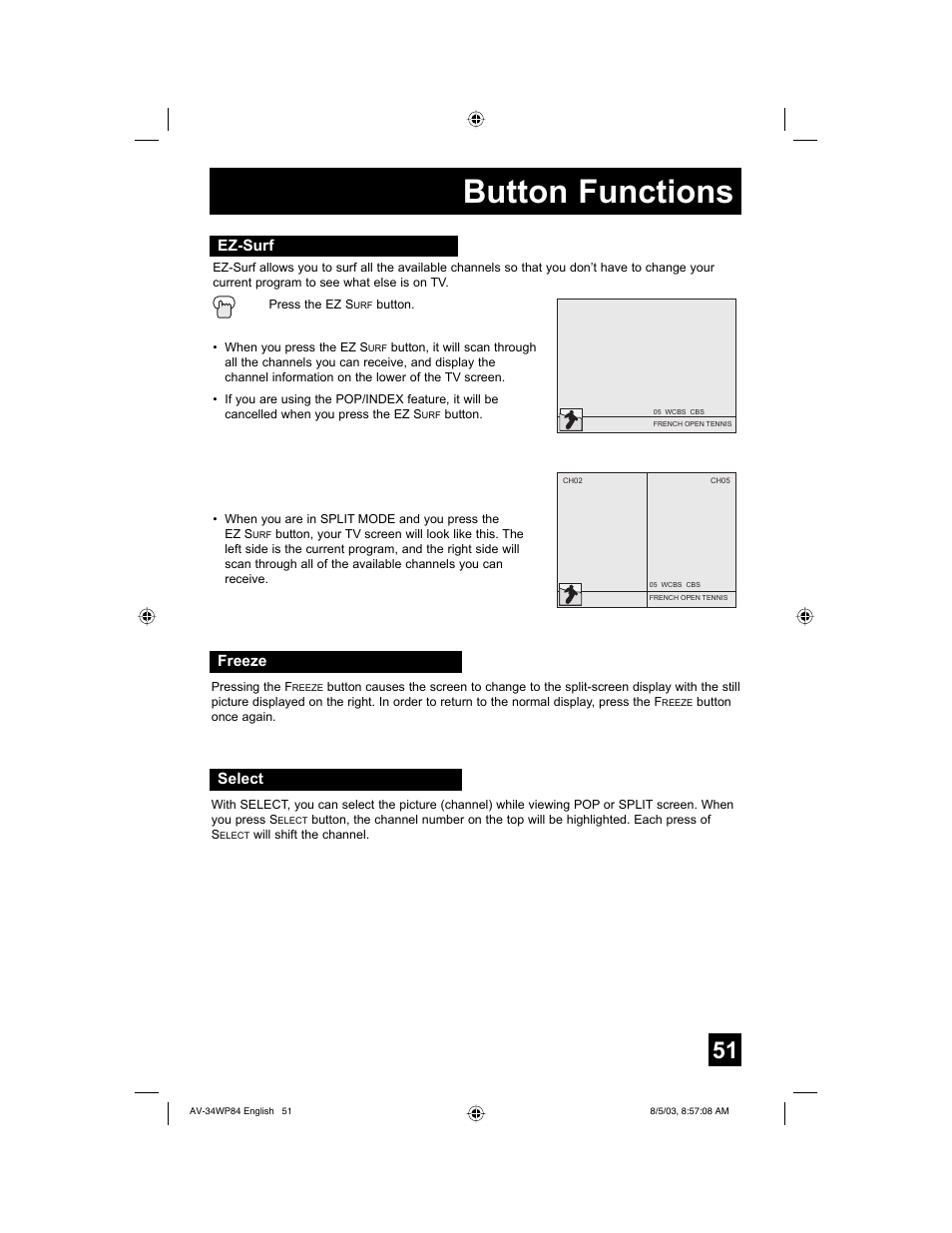 Button functions, Freeze, Select | Ez-surf | JVC AV 34WP84 User Manual | Page 51 / 64