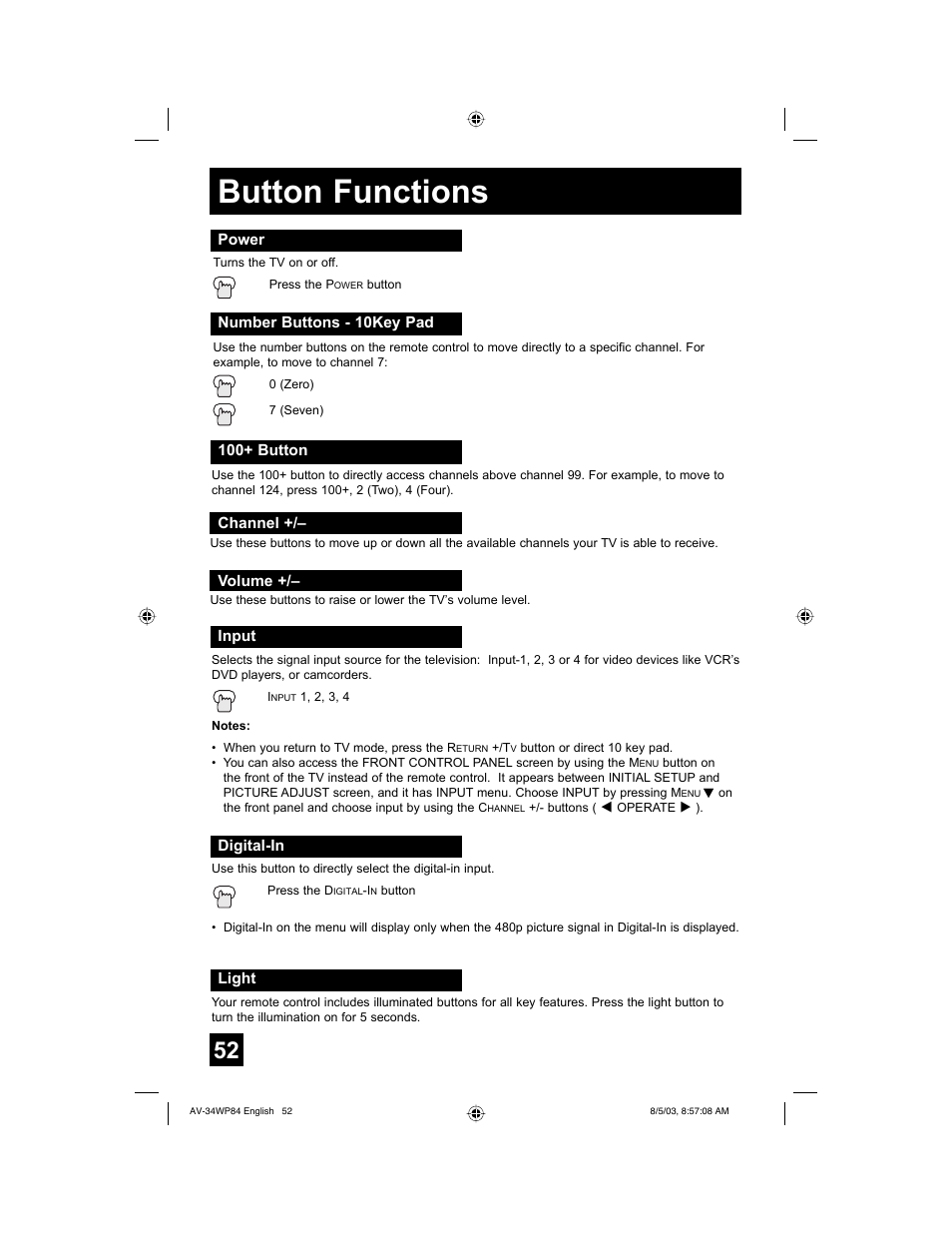 Button functions | JVC AV 34WP84 User Manual | Page 52 / 64