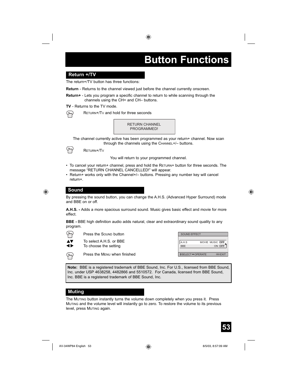 Button functions, Return +/tv, Sound | Muting | JVC AV 34WP84 User Manual | Page 53 / 64
