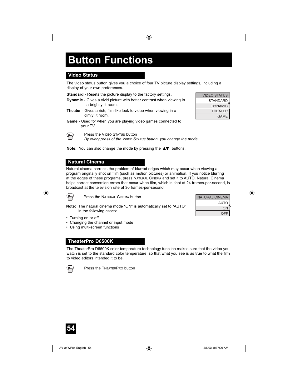 Button functions | JVC AV 34WP84 User Manual | Page 54 / 64