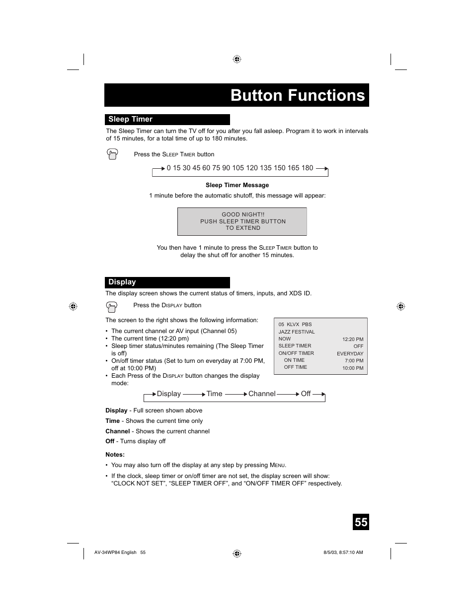 Button functions | JVC AV 34WP84 User Manual | Page 55 / 64