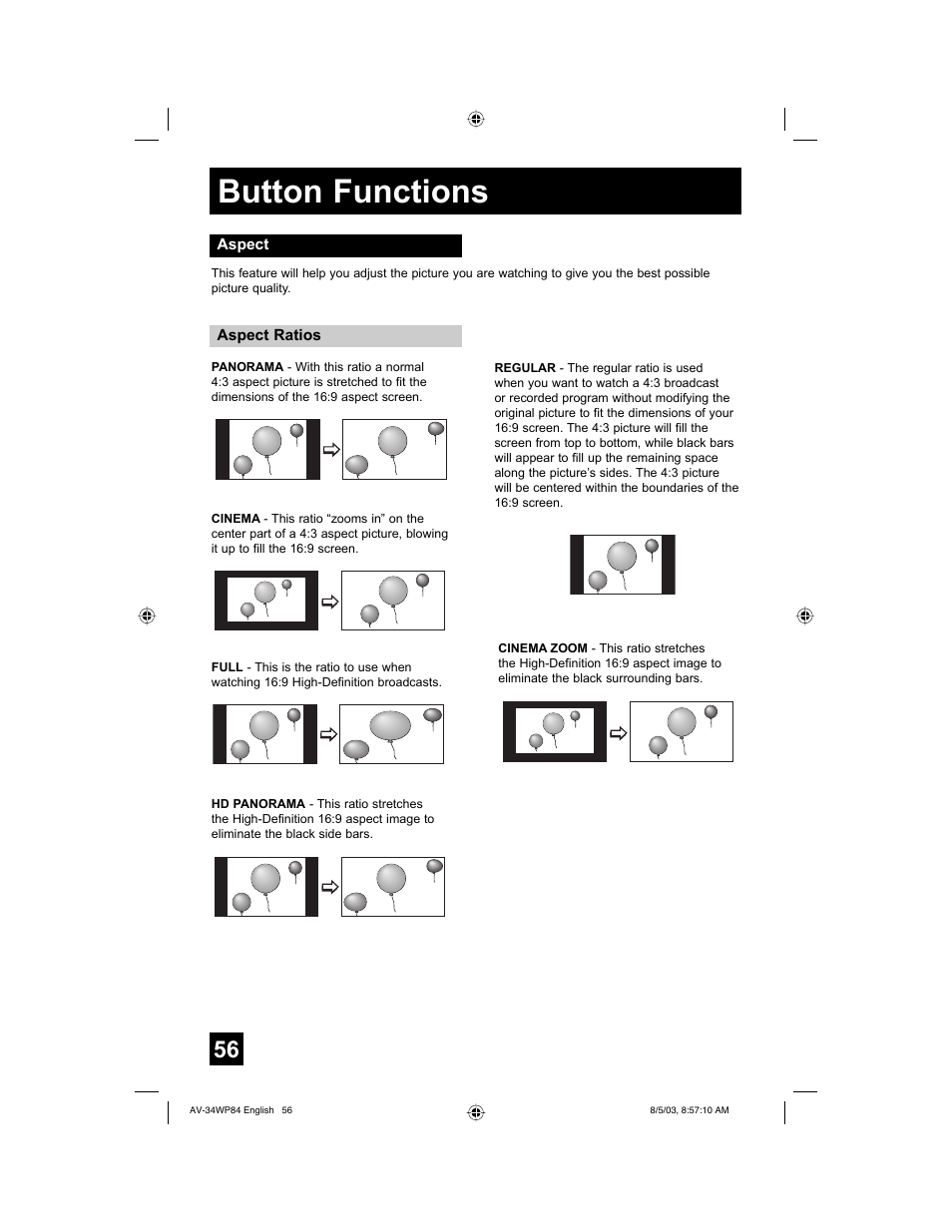 Button functions | JVC AV 34WP84 User Manual | Page 56 / 64
