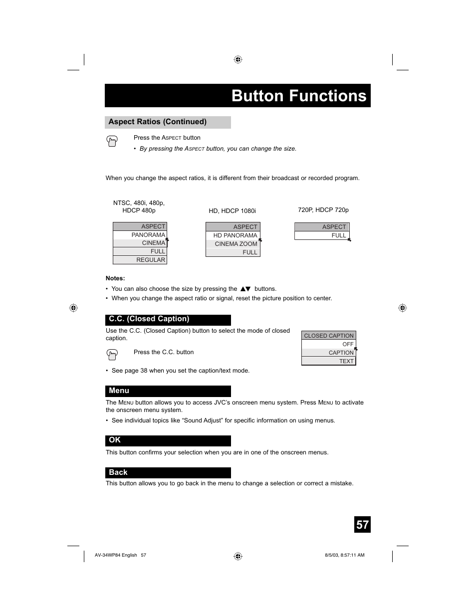 Button functions | JVC AV 34WP84 User Manual | Page 57 / 64