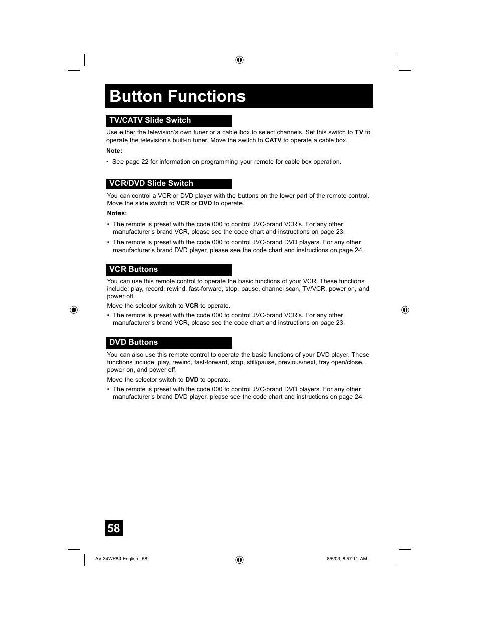 Button functions | JVC AV 34WP84 User Manual | Page 58 / 64