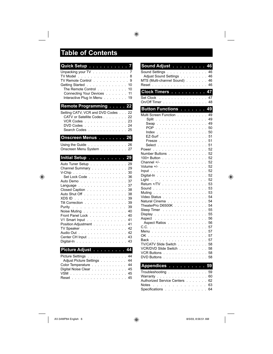 JVC AV 34WP84 User Manual | Page 6 / 64