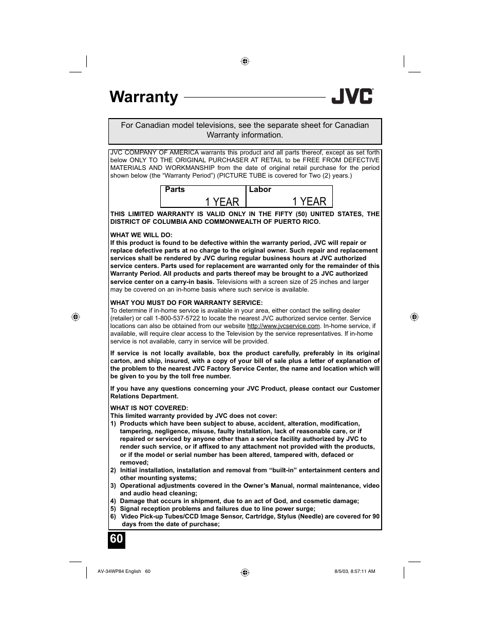 Warranty, 1 year | JVC AV 34WP84 User Manual | Page 60 / 64