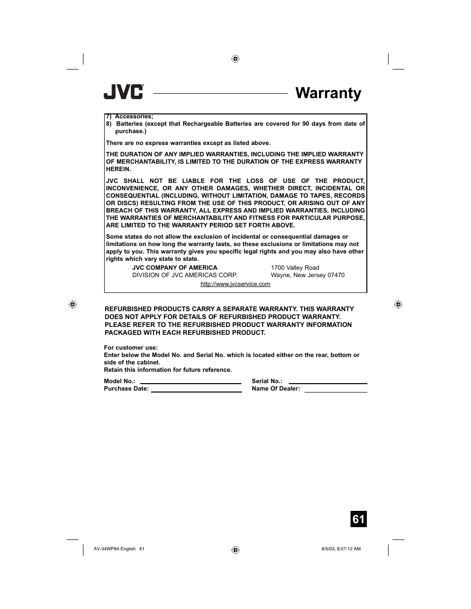 Warranty | JVC AV 34WP84 User Manual | Page 61 / 64