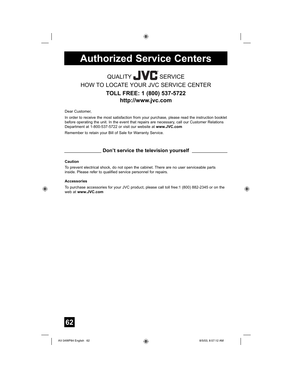 Authorized service centers | JVC AV 34WP84 User Manual | Page 62 / 64