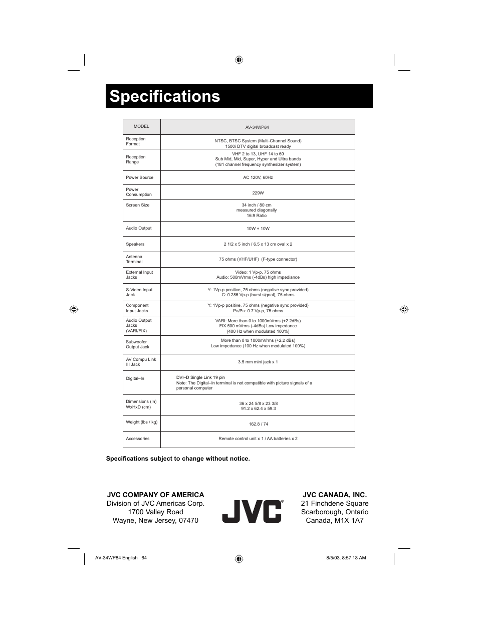 Specifications | JVC AV 34WP84 User Manual | Page 64 / 64
