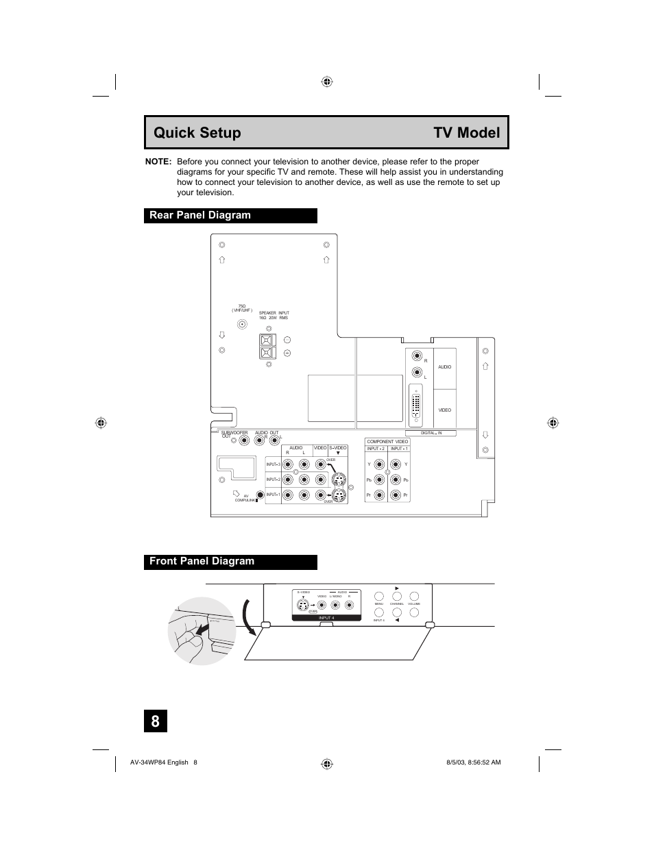 Quick setup tv model, Front panel diagram, Rear panel diagram | JVC AV 34WP84 User Manual | Page 8 / 64