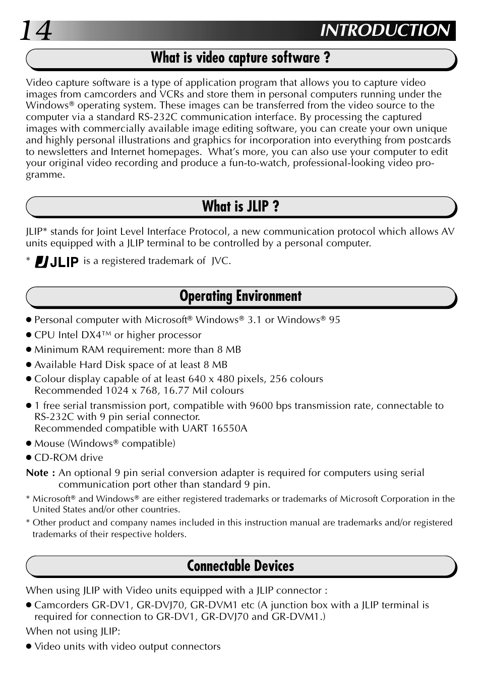 Introduction, What is video capture software, What is jlip | Operating environment, Connectable devices | JVC 0397MKV*UN*VP User Manual | Page 14 / 68