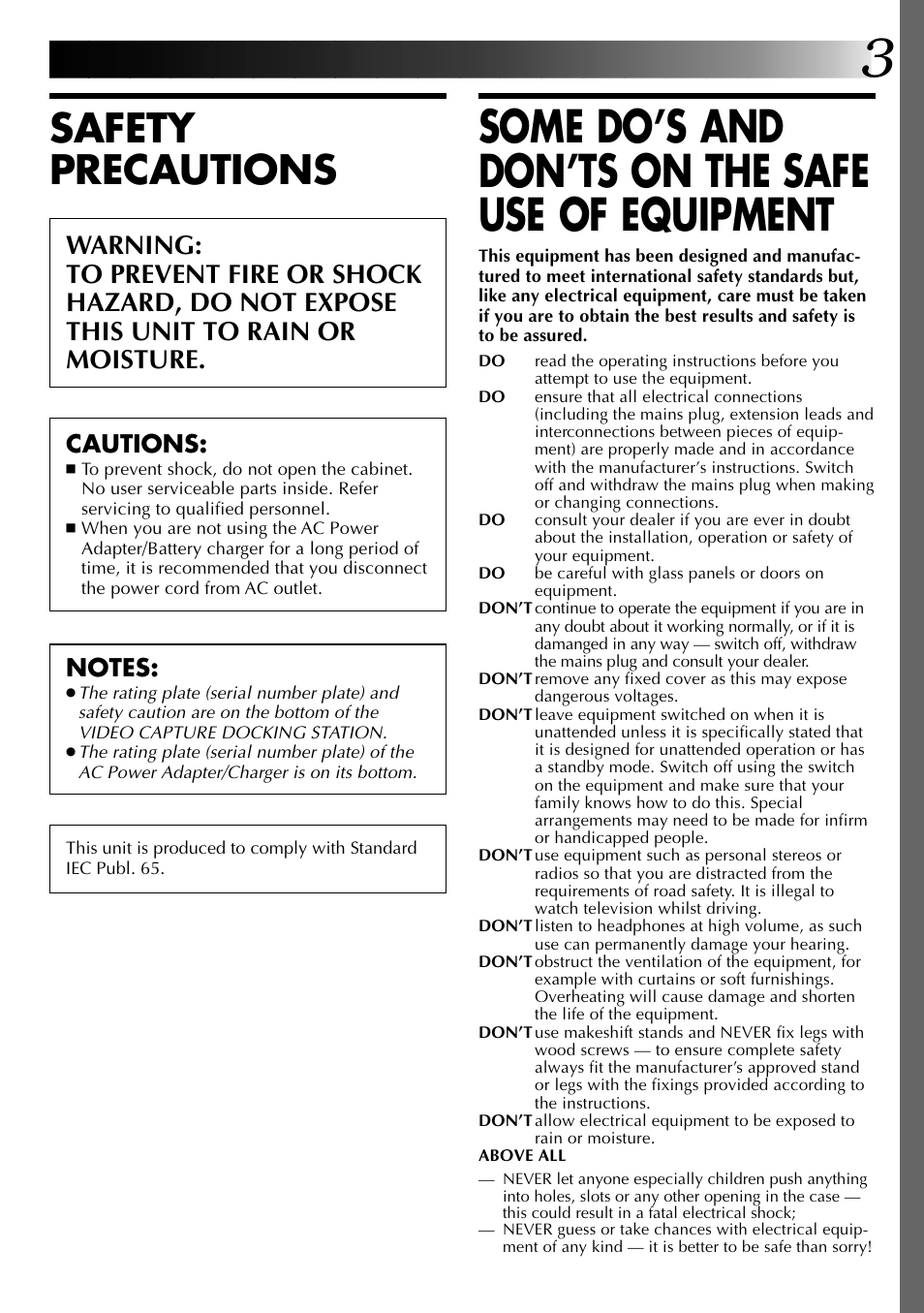 Some do’s and don’ts on the safe use of equipment, Safety precautions, Cautions | JVC 0397MKV*UN*VP User Manual | Page 3 / 68