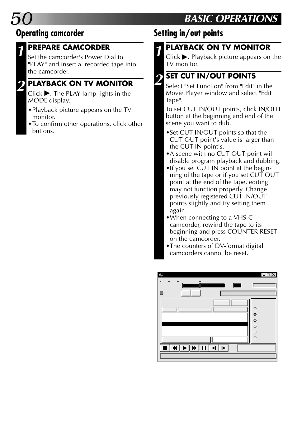 Basic operations, Setting in/out points, Operating camcorder | Playback on tv monitor, Set cut in/out points, Prepare camcorder | JVC 0397MKV*UN*VP User Manual | Page 50 / 68
