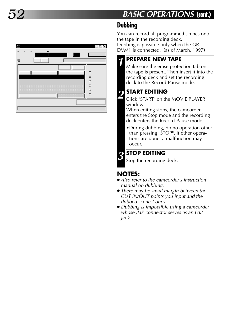 Basic operations, Cont.) dubbing, Prepare new tape | Start editing, Stop editing | JVC 0397MKV*UN*VP User Manual | Page 52 / 68