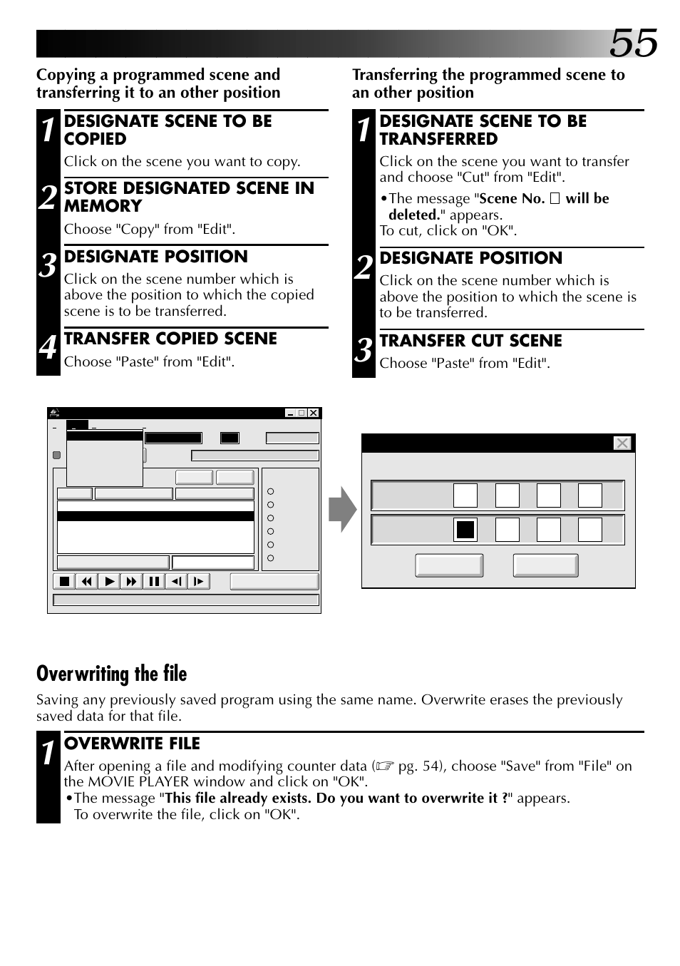 Overwriting the file, Designate scene to be transferred, Designate position | Transfer cut scene, Overwrite file, Designate scene to be copied, Transfer copied scene | JVC 0397MKV*UN*VP User Manual | Page 55 / 68