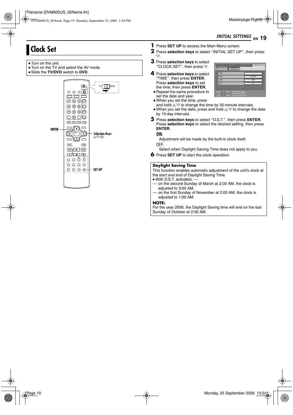 Initial settings, Clock set, A pg. 19 | JVC SR- DVM600U User Manual | Page 19 / 72