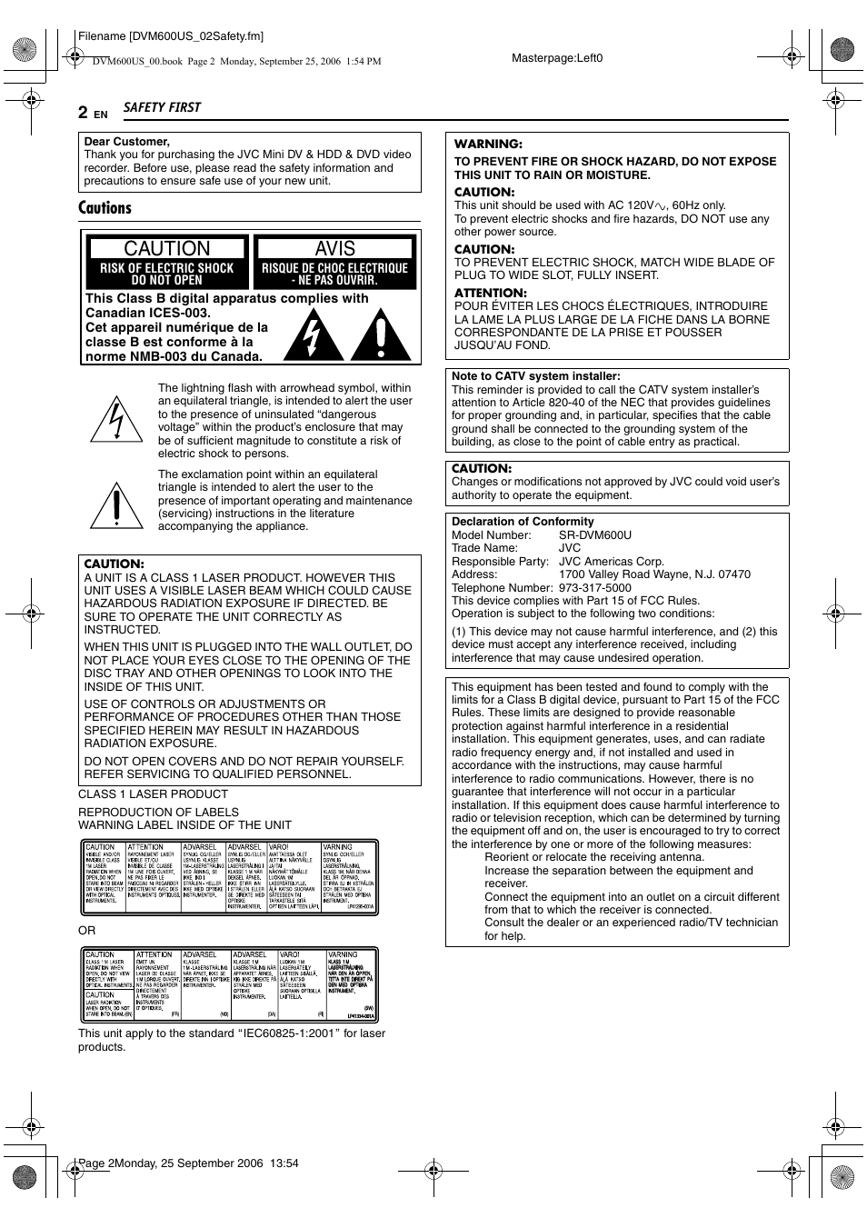 Safety first, Cautions, Caution avis | JVC SR- DVM600U User Manual | Page 2 / 72