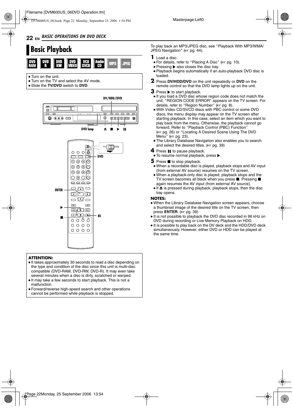 Basic operations on dvd deck, Basic playback, A pg. 22, 31 | A pg. 22, 3, A pg. 22 | JVC SR- DVM600U User Manual | Page 22 / 72