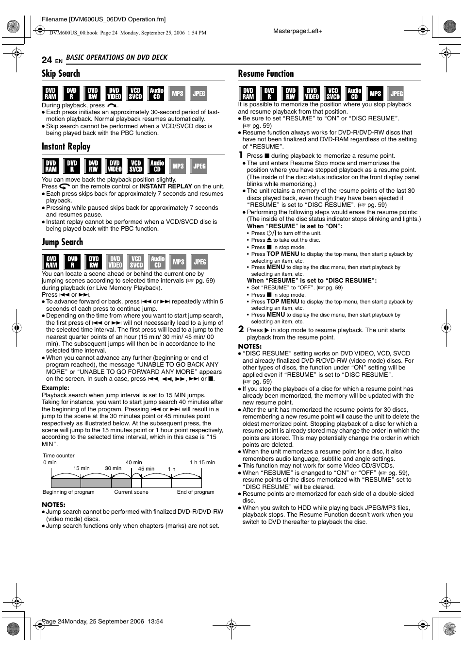 Skip search, Instant replay, Jump search | Resume function, A pg. 24, 32, A pg. 24, 31, 34, A pg. 24, 32, 34 | JVC SR- DVM600U User Manual | Page 24 / 72