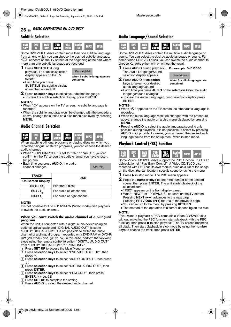 Subtitle selection, Audio channel selection, Audio language/sound selection | Playback control (pbc) function, Le disc, A pg. 26), Vious), A pg. 26, A pg. 26, 28, Aplayback control (pbc) functionb | JVC SR- DVM600U User Manual | Page 26 / 72