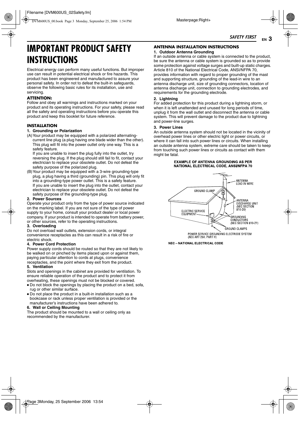 Important product safety instructions | JVC SR- DVM600U User Manual | Page 3 / 72