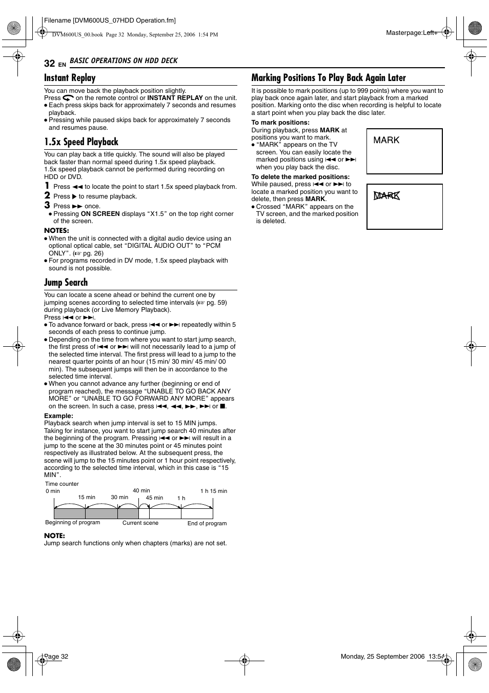 Instant replay, 5x speed playback, Jump search | Marking positions to play back again later | JVC SR- DVM600U User Manual | Page 32 / 72