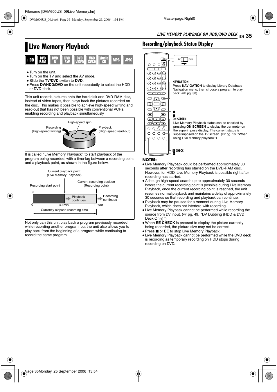 Live memory playback on hdd/dvd deck, Live memory playback, Recording/playback status display | JVC SR- DVM600U User Manual | Page 35 / 72