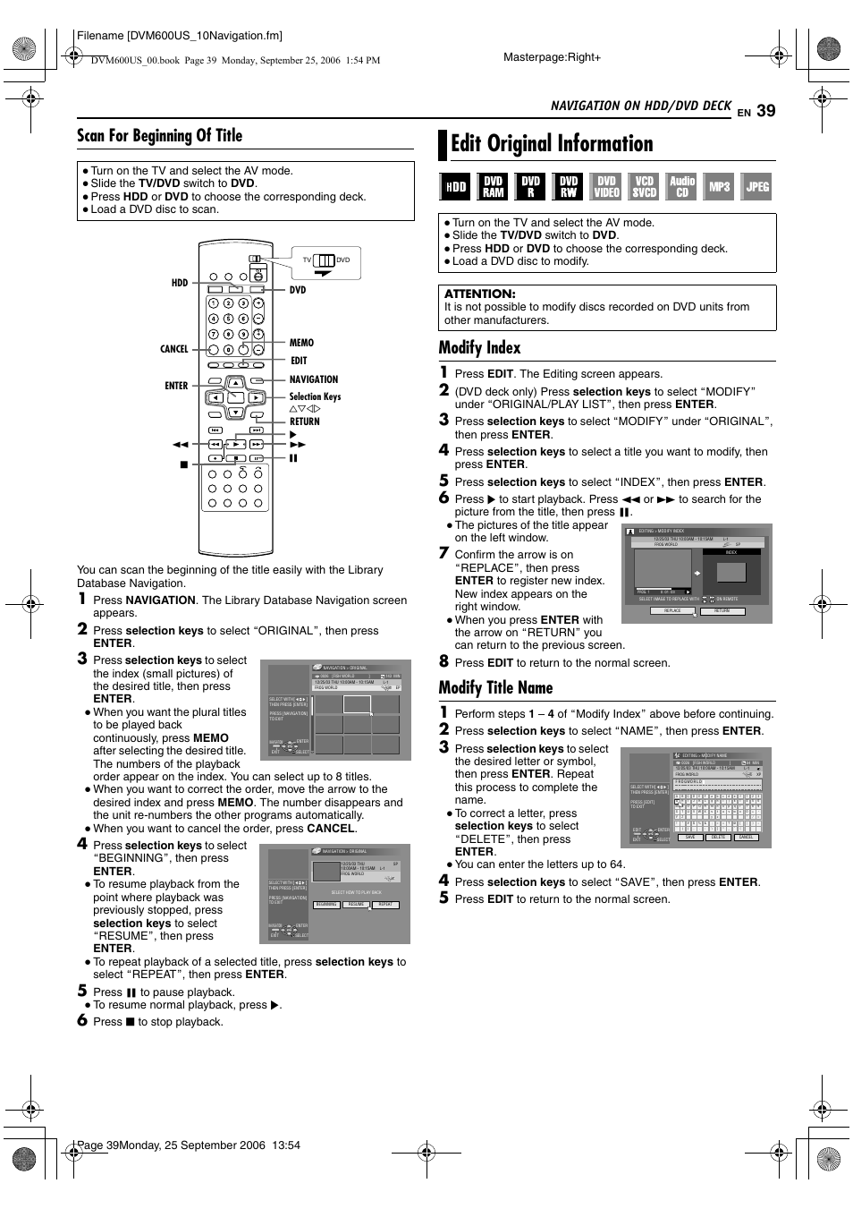 Scan for beginning of title, Edit original information, Modify index | Modify title name, A pg. 39, 42, A pg. 39, A pg. 39), Navigation on hdd/dvd deck, Masterpage:right, When you want to cancel the order, press cancel | JVC SR- DVM600U User Manual | Page 39 / 72