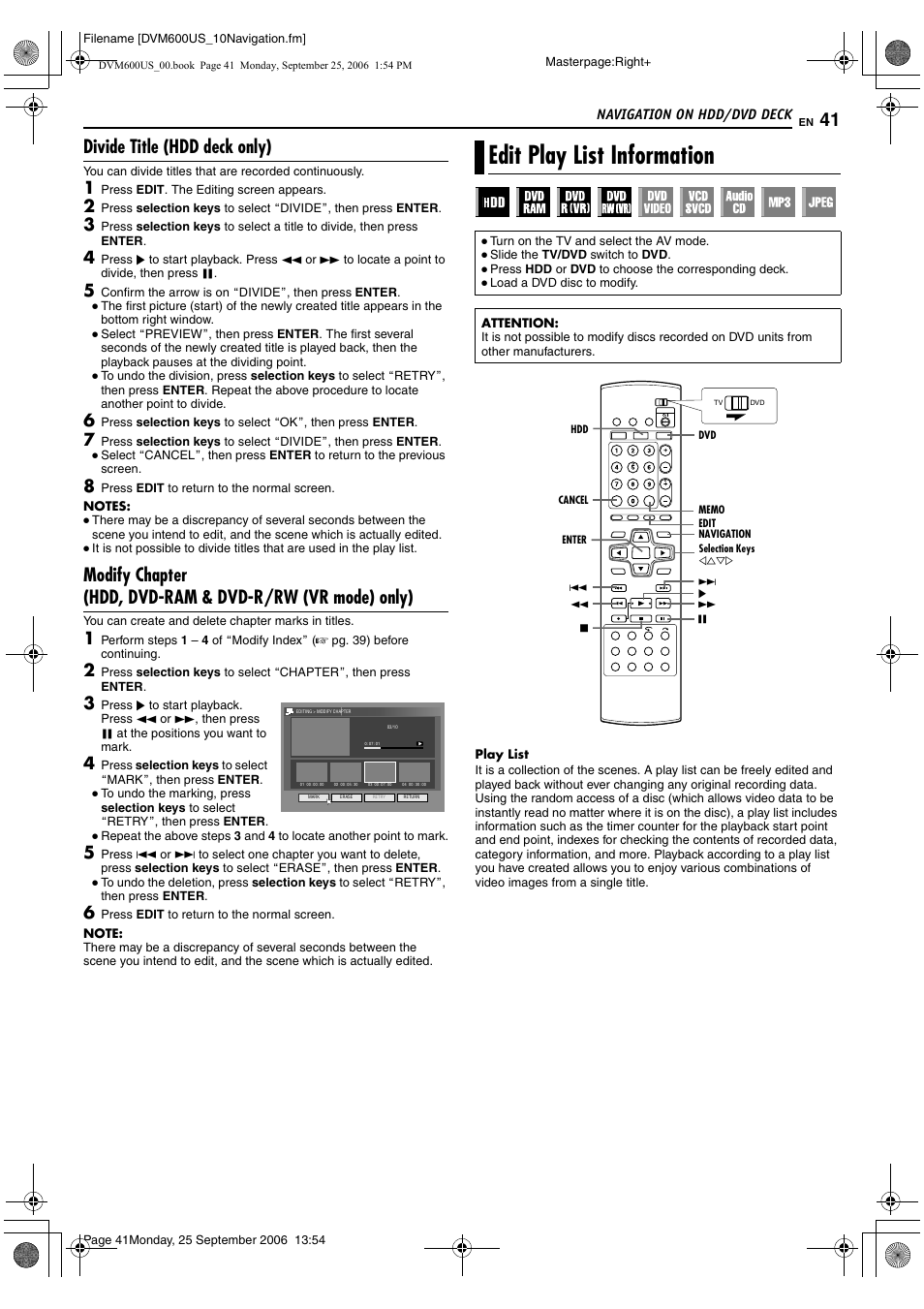 Divide title (hdd deck only), Edit play list information | JVC SR- DVM600U User Manual | Page 41 / 72